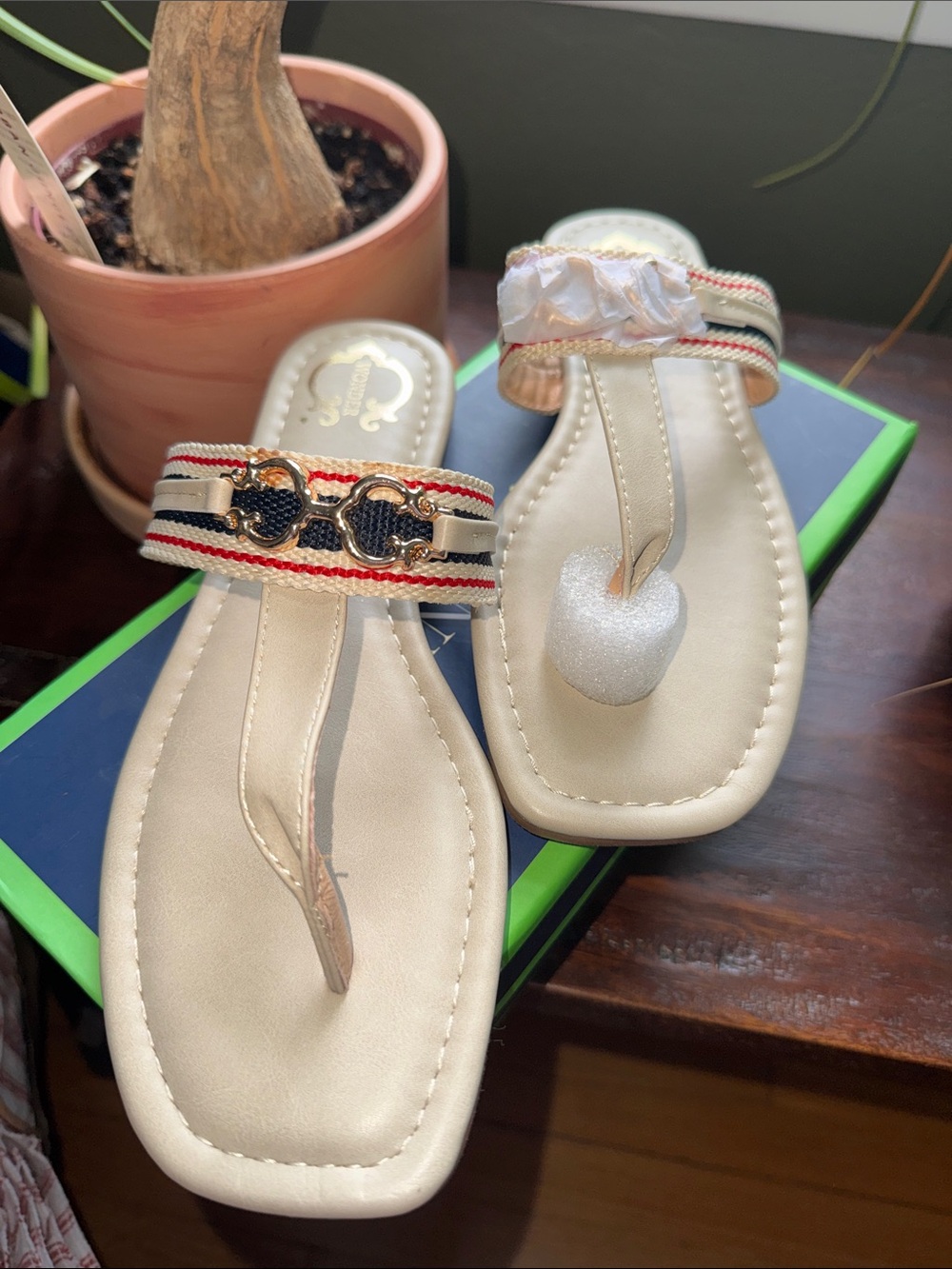 C. Wonder Cream T-Strap Sandals with Red-Blue Stripe Detail (NWT)